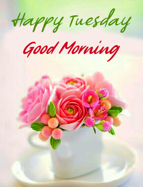 Happy Tuesday Good Morning Wish With Flowers Cup