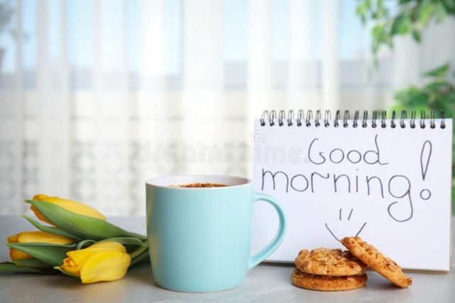 Delicious Coffee Cookies Flowers Good Morning Wish Grey Table Indoors 172137196